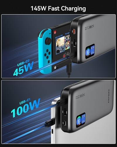 Asper X 24,000 m Ah Power Bank – 145 W High-Speed Portable Charger with Smart TFT Display and PD 3.1 Fast Charging, 3 USB-C Ports for Mac Book, i Phone 16/15/14/13, Dell XPS, Galaxy S24, Steam Deck – Ultimate Power Solution for Travelers and Gamers