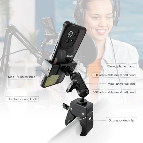 Versatile Adjustable Clip Phone Holder for Desk and Gym – Universal Mount for 4-7” Smartphones with Durable Aluminium Arm for Enhanced Convenience and Productivity – Perfect for Treadmills, Mic Stands, and Home Offices