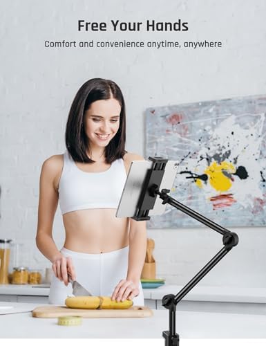 Versatile Overhead Tablet and Phone Mount with Dual Clamp – Adjustable Stand for Hands-Free Use of i Pad Pro, Mini, Air, i Phone 15 Pro & Other 3.5″-12.9″ Devices – Enhanced Stability, 360-Degree Rotation, Perfect for Home, Office, or Travel