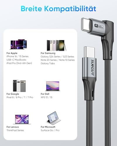 SUNGUY Coiled USB C to USB-C Cable 4FT, [2-Pack] Right Angle 90 Degree USBC to USBC Android Auto Carplay Cord for Car, for iPhone 16 15 Pro/Pro Max, Galaxy S24 S23 S22 (Grey) – Enhanced Compatibility and Speed