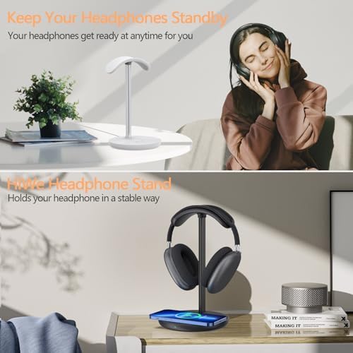 Upgrade Your Desk with the All-in-One Wireless Headphone Stand & Fast Charging Dock – Sleek Organizer for i Phone 15/14/13/12/11 & Air Pods Pro/3/2, Premium White Finish Ideal for Gamers and Music Aficionados, Optimize Your Workspace Efficiency and Connectivity