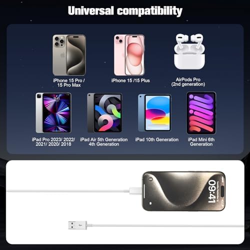 Premium Carplay Cable for i Phone 16/15 & i Pad – 6 ft USB A to USB C Charging & Sync Cord – Enhanced Speed & Compatibility for Seamless Connectivity in Your Vehicle – Durable White Design for Everyday Use – Ideal for i Phone 16/15 Pro, Plus & Max Models, i Pad 10 th Gen & Air – Elevate Your Driving Experience with High-Performance Data Transfer & Power Solutions