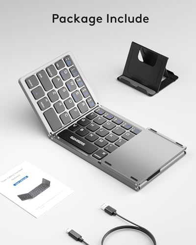 Samsers Portable Bluetooth Keyboard with Touchpad – Ultra-Slim Foldable Wireless Keyboard for Effortless Typing on Android, Windows, and i OS Devices – Rechargeable, Travel-Friendly Design with Device Holder – Black