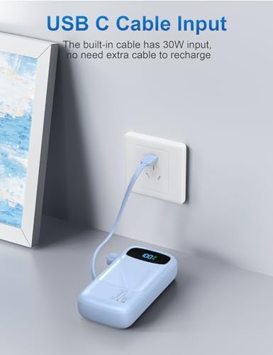 Compact 10,000 m Ah Fast Charging Power Bank with Built-In USB-C Cable for i Phone 16/15, Mac Book, Galaxy, and i Pad – Ultimate Travel Battery Pack for On-the-Go Charging Needs