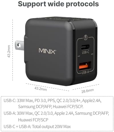 MINIX NEO P1 Mini 33 W Ga N Dual-Port Fast Charger – Ultra-Compact USB-C & Quick Charge 3.0 Adapter for i Phone 8-15, Galaxy S10-S21 & More – Essential Travel Charger with Advanced Heat Management for Efficient Multi-Device Charging