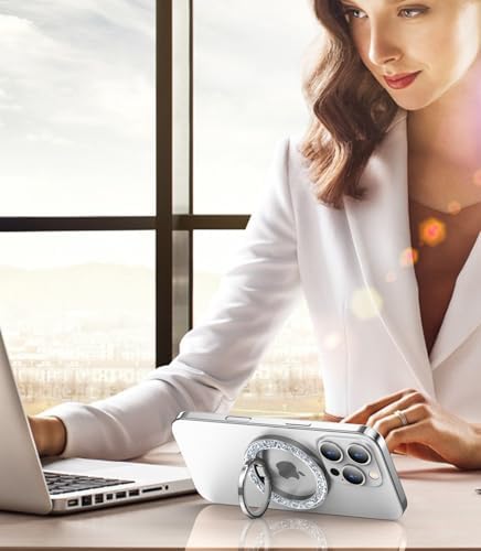 Temdan Glitter Silver Magnetic Phone Ring Holder for Mag Safe – Premium Grip and Stylish Stand for i Phone Pro Max 16 – Durable Upgrade Gear Hinge for Enhanced Flexibility and Hands-Free Viewing – Perfect Accessory for Seamless Connectivity and Fashionable Functionality