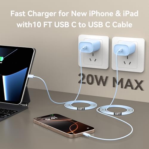 Ultimate 10 FT USB-C Fast Charging Kit for i Phone 16 and 15 – 20 W Power Adapter & Extra Long Cord for Rapid Charging of i Pads and Android Devices – Enhanced Compatibility and Durability for Everyday Use