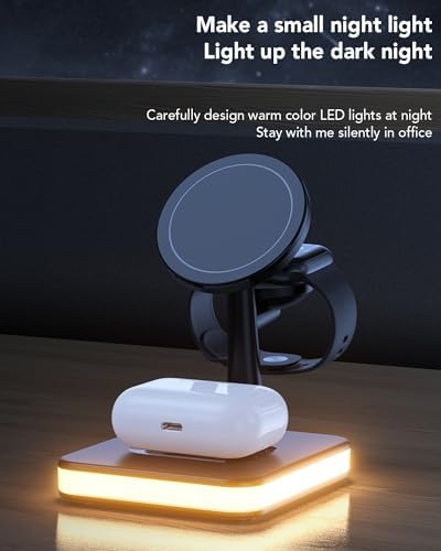 All-in-One Magnetic Wireless Charging Station for Apple Devices – 4-in-1 Fast Charger with Integrated Light for i Phone 16/15/14/13/12, Apple Watch Series 10/9/8/7/Ultra 2/SE 2, and Air Pods 4/3/Pro/2 – Sleek, Modern Design for Effortless Charging and Clutter-Free Organization