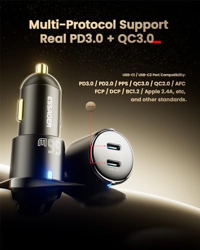 Essager 66 W All-Metal Dual Port Fast Car Charger – USB-C Cigarette Lighter Adapter for Rapid Charging of i Phone 16/15/14/13/12 Pro Max, Mac Book, i Pad, and Samsung Galaxy S24/S23 – Compact Design with PD/PPS/QC3.0 Technology for Enhanced Speed and Versatility
