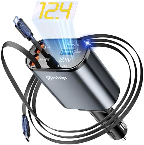 Ultimate 4-in-1 Retractable Car Charger – 84 W Fast Charging USB-C Adapter for i Phone 16, Galaxy, Pixel – 3.9 FT Extended Cable for Enhanced Flexibility & Universal Compatibility – Essential Car Accessory for Quick Device Charging on the Go