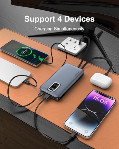 Ultimate 10000 m Ah Portable Power Bank with Built-In USB-C, USB-A & i OS Cables – 22.5 W Fast Charging Power Bank for i Phone 16/15/14/13, Samsung S24/S23/S22/S21, i Pad & More – Lightweight, Airline-Approved Charger for On-the-Go Convenience and Enhanced Device Compatibility