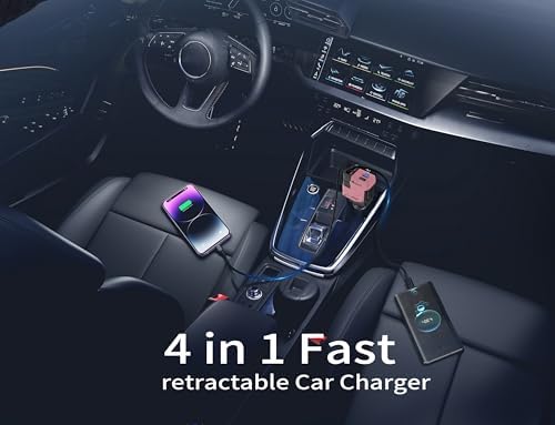 Ultimate 4-in-1 Retractable Car Charger – 69 W USB-C Adapter with Dual Ports, Shock Absorption Technology for i Phone 16 and More, Travel-Ready Power Solution with 31.5-inch Tangle-Free Cables, Essential Road Trip Accessory for Multi-Device Charging