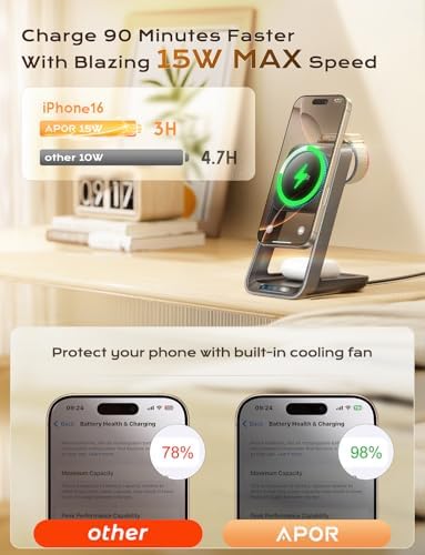 Revolutionize Your Charging Game with Our 3-in-1 Wireless Charging Station Featuring Cooling Fan – Mag Safe-Compatible Dock for i Phone 12-16, Apple Watch Series 10/Ultra/2, and Air Pods 4/3/Pro 2 – Sleek Multi-Device Solution for Home and Office Efficiency