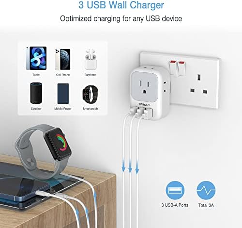 TESSAN Type G Travel Adapter: Versatile US to UK Plug Converter with 4 Outlets & 3 USB Ports for Effortless International Charging Across England, Scotland, Dubai, and More