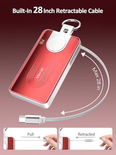 Mavulo Ultra-Fast Wireless Power Bank for Apple Devices – 10000 m Ah Portable Keychain Charger with Retractable USB-C Cable, 20 W Quick Charge Capability, LED Battery Indicator – Compatible with i Phone 15/16, i Pad, Air Pods Pro, and Apple Watch – Sleek Black Design for On-the-Go Power Solutions