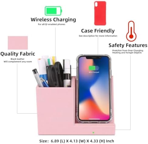 Sleek Pink 15 W Wireless Charger with Integrated Desk Stand & Pen Holder – Qi Certified Fast Charging Dock for i Phone 16/15/14 MAX/XR/XS & Samsung S24/S23 Series | Elevate Your Workspace Organization and Efficiency
