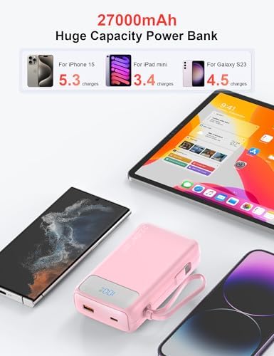 High-Capacity 27000 m Ah Portable Power Bank with Built-In Cable for i Phone 15/16 Series – Fast-Charging USB-C Battery Pack, LED Display for On-the-Go Charging, Reliable Travel Companion for All Smartphones