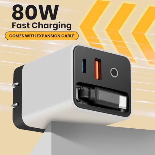 Ultimate 80 W Ga N Fast Charger Module: Versatile 3-in-1 Travel Charging Solution with Type-C Cable & Dual USB Ports for i Phone 15/14, Samsung Galaxy, Mac Book, and More – Compact & Stylish Yellow Power Hub for Maximum Device Compatibility and Speed Efficiency