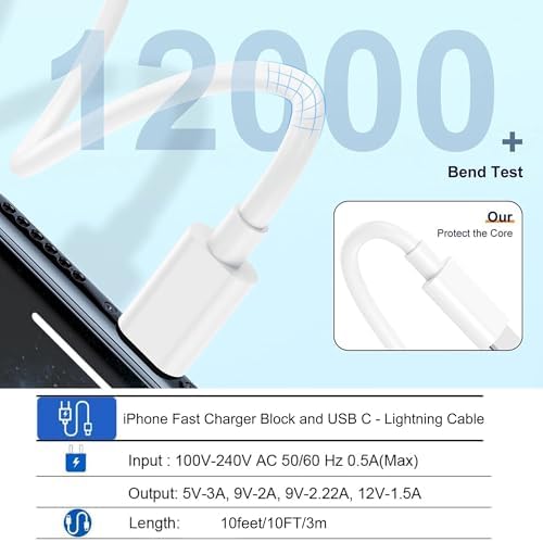 Apple MFi Certified 20 W PD Wall Charger with 3 FT USB C to Lightning Cable – Ultra-Fast Charging Solution for i Phone 14 Pro Max, 14, 13 Mini, 12, 11, XR, XS Max, i Pad Air 3, and Air Pods – Compact & Travel-Friendly Design for Enhanced Device Compatibility and Efficiency