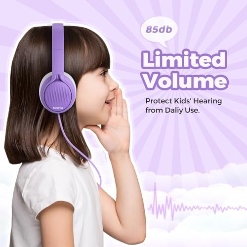 Tune Flux Safe Sound Kids Headphones – Wired Toddler Audio Gear with 85 d B Volume Limiting for Hearing Protection – Comfortable Foldable Design in Purple for School, Travel, and Tablet Use – Premium Stereo Sound for Young Listeners