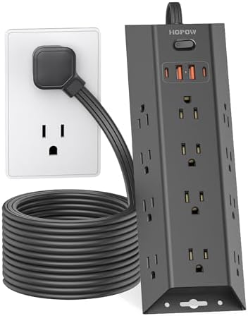 15 FT Surge Protector Power Strip with 12 AC Outlets & 4 USB Ports (2 USB-C) – Versatile Flat Plug Extension Cord for Home & Office, Wall Mountable Charging Station for Efficient Device Management and Enhanced Safety