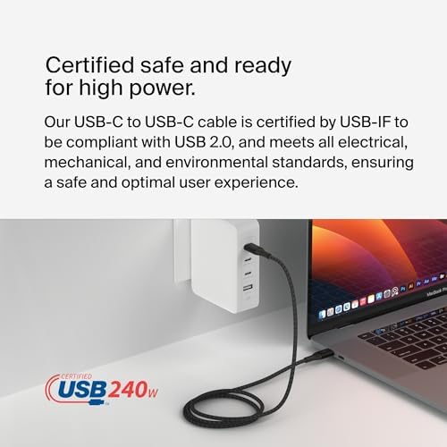 Belkin 6.6 ft USB C to USB C Charging Cable – 240 W Type-C Fast Charger for i Phone 16, Galaxy S25, Pixel 9, Mac Book, i Pad Pro, Chromebook, and Switch Steam Deck – Durable, High-Speed Connection for Enhanced Device Performance – Sleek Black Finish