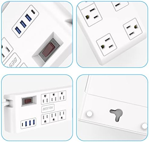 BESTEK 8-Outlet Power Strip with 5-Foot Extension Cord: Multi-Port USB Charging Hub Featuring 3 USB-A (2.4 A) & 1 USB-C (3 A) | 1625 W Max Output with 600 Joule Surge Protection for Enhanced Device Safety | Ultra-Compact Design for Home & Office Efficiency