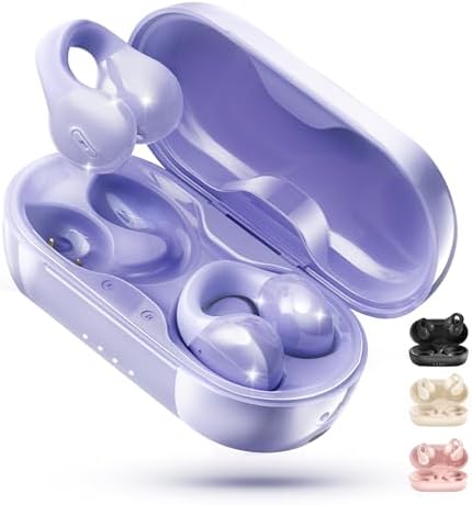 King Lucky i21 Purple Bluetooth 5.3 Open Ear Clip-On Earbuds – Advanced Noise Cancellation & IPX4 Waterproof Design for Small Ears and Glasses Wearers – Perfect for Active Lifestyles & Hands-Free Calls