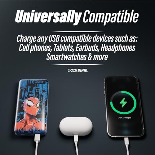 Marvel Spider-Man 10,000 m Ah Portable Power Bank – Ultimate Slim Design Phone Charger with Dual USB Ports for Rapid Charging – Perfect Spider-Man Gifts for Fans of All Ages – Stylish, Lightweight, and Highly Compatible Charging Solution for Smartphones and Tablets