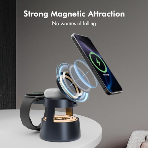 4-in-1 Mag Safe Wireless Charging Station with Adjustable Night Light – Fast 15 W Charger Stand for i Phone 16, 15, 14, 13, 12 Pro Max, Apple Watch Ultra, and Air Pods – Portable Travel-Friendly Design for Enhanced Compatibility and Nighttime Convenience