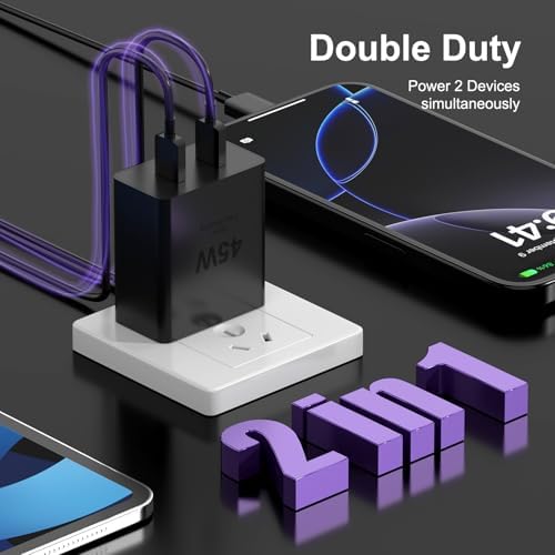 45 W Dual USB-C Fast Charger with 10 FT Cable for i Phone 16 & Galaxy S25 – Rapid Charging Solution for i Pad Pro/Air, Compact & Portable Power Block, Enhanced Device Compatibility