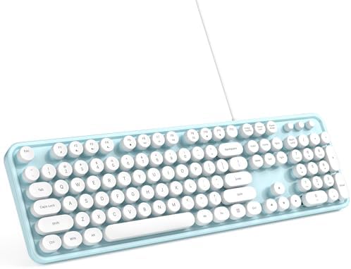 Vintage-Inspired Milk Tea USB Wired Typewriter Keyboard – Full-Size Retro Round Keycaps for Ergonomic Comfort and Enhanced Typing Experience – Perfect for Home Office and Laptop Use – Easy Plug and Play Setup