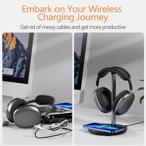 Upgrade Your Desk with the All-in-One Wireless Headphone Stand & Fast Charging Dock – Sleek Organizer for i Phone 15/14/13/12/11 & Air Pods Pro/3/2, Premium White Finish Ideal for Gamers and Music Aficionados, Optimize Your Workspace Efficiency and Connectivity