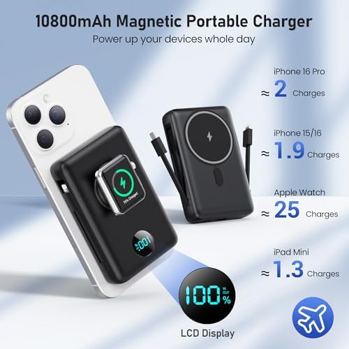 Revolutionary Magnetic Portable Charger for i Phone – 6-in-1 Power Bank with 10,800 m Ah Capacity, Built-in Cables, Apple Watch Charger, and LCD Display – 25 W PD Fast Charging for i Phone 16/15/14/13/12 and Mag Safe Compatibility – Ultimate On-the-Go Charging Solution