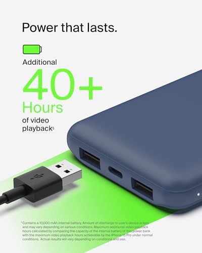 Belkin 10,000 m Ah Portable Charger – Fast Charging USB C Power Bank with Dual USB-A Ports for Multiple Devices, Includes Type-C to Type-A Cable, Compatible with i Phone 16, Samsung Galaxy S25, Nintendo Switch 2, i Pad & More – Lightweight Blue Design for Effortless Portability and Enhanced Power Delivery