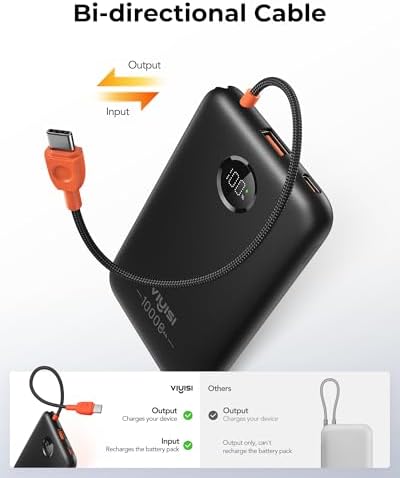 Slim Pink Portable Charger 10000 m Ah – USB-C Power Bank with Built-in Cable & LED Display for Fast Charging – Travel-Friendly Battery Pack Compatible with i Phone 16, 15, Samsung S24, S23 – Ultimate Convenience & Style