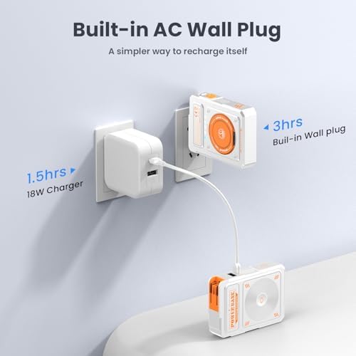 Magnetic 5-in-1 Power Bank with Built-in AC Plug – 10,000 m Ah Mag Safe Battery Pack for i Phone 16/15/14/13/12 Mini, Apple Watch & Air Pods – 22.5 W Fast Wired & 15 W Wireless Charging with 360° Rotating Stand – Effortless Convenience & Advanced Safety Features for On-the-Go Users