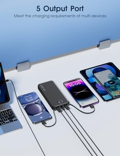 Ultra-Fast Charging Portable Power Bank with Built-In Cable and AC Plug – 12,000 m Ah USB C Travel Charger for i Phone and Android Devices – Lightweight, Compact Design for On-the-Go Power Solutions