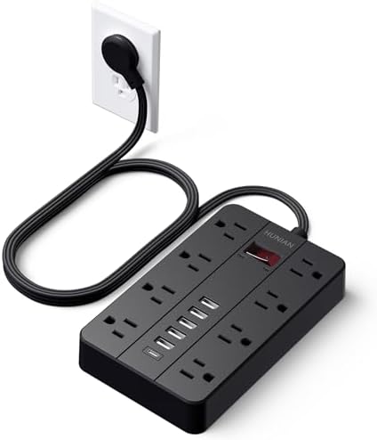 HUNIAN 5 Ft Flat Plug Power Strip with 8 Outlets and 6 USB Ports, Including USB-C Charger – Ultimate Surge Protector for Efficient Home and Office Charging Solutions, Compact Design for Desk and Travel Use, Black