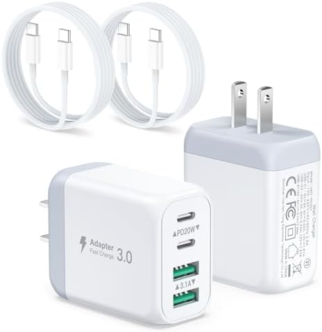 40 W Dual Pack USB-C Fast Charger Block for i Phone 16, 15 – Includes 6 FT USB-C to C Cable – Versatile Multiport Wall Charger Compatible with i Phone 11-14, Galaxy Devices & i Pad – Compact Design for Travel and Maximum Efficiency