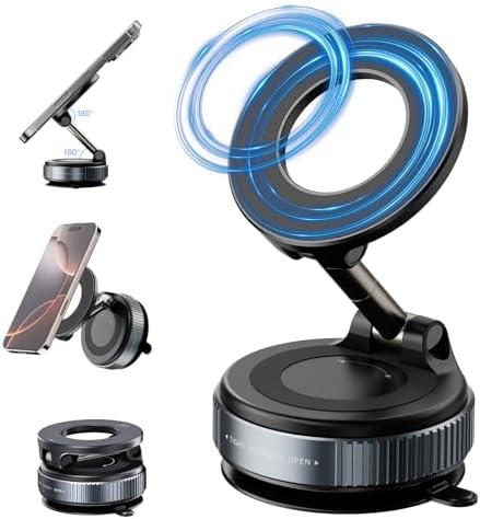 Eastcoo Vacuum Suction Magnetic Phone Holder for Car with 360 Degree Rotation, Handsfree Magnetic Phone Holder Mount for Smooth Surface,Foldable and Retractable Phone Holder for All Phones,Black – Enhanced Compatibility and Speed