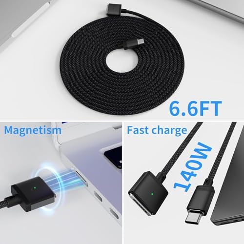 High-Performance 140 W USB-C to Mag Safe 3 Charging Cable – 6.6 Ft Nylon Braided for 2024 Mac Book Pro & Air Models – Rapid Power & 20 GB Data Transfer Adapter Included – Ultimate Flexibility & Durability for Professionals & Students