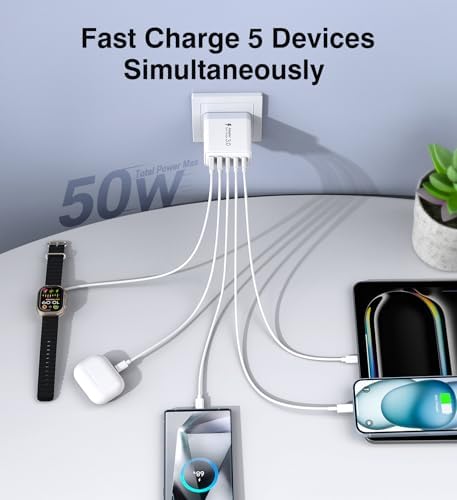 50 W 5-Port USB C Charging Hub – Ultimate Fast Charger for i Phone 16-11 Pro Max & Samsung Devices – Dual PD & QC Technology for Unmatched Performance – Compact, Durable Wall Adapter for Home, Office, and Travel Convenience