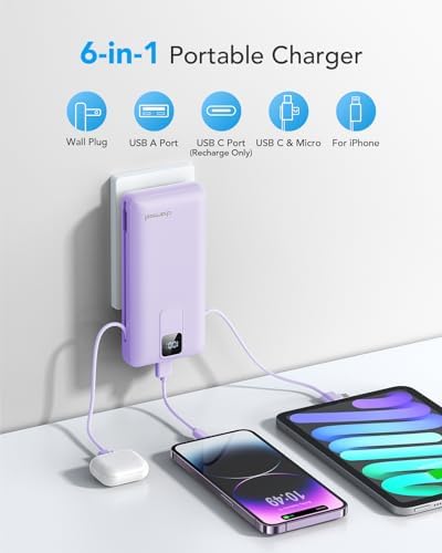 Charmast Ultra-Fast 20000 m Ah Portable Charger with Integrated Cables and Wall Plug – Universal Compatibility for i Phone 16/15/14/13, Samsung, Google, i Pad – Sleek Design, Rapid 20 W USB-C Power Delivery for On-the-Go Charging Solutions