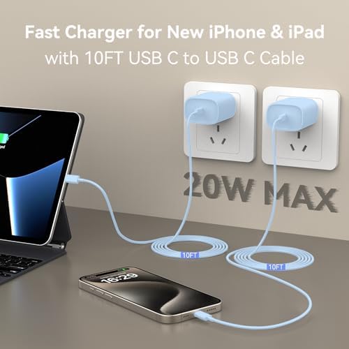 Ultimate 10 FT USB-C Fast Charging Kit for i Phone 16 and 15 – 20 W Power Adapter & Extra Long Cord for Rapid Charging of i Pads and Android Devices – Enhanced Compatibility and Durability for Everyday Use
