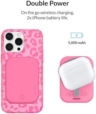Stylish Hot Pink Leopard VELVET CAVIAR Magnetic Power Bank – Mag Safe Compatible Slim Charger for i Phone 12, 13, 14, 15 – Fast 5000 m Ah Portable Battery Pack with USB-C for Effortless Charging on the Go
