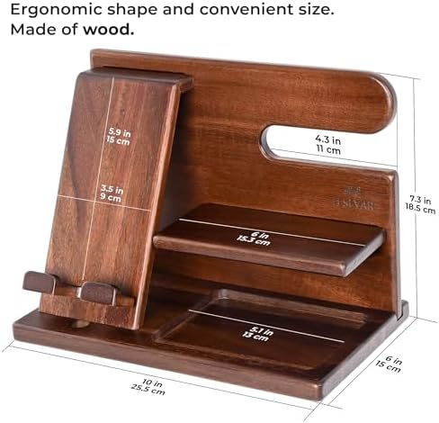 TESLYAR Wood Phone Docking Station for Men – Desktop or Nightstand Organizer – Birthday Gifts for Men, Dad – Anniversary Idea from Wife – Key Holder, Stand Wallet, Watch & Essentials (Antique Brown) – Enhanced Compatibility and Speed