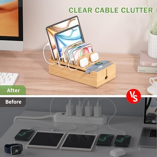 Pezin & Hulin Eco-Friendly Bamboo Cable Management Box – Sleek Desktop Organizer with 6 Cables for Tidy Charging Station, Stylish Wire Organizer for Electronic Devices, Enhances Workspace Efficiency and Aesthetics
