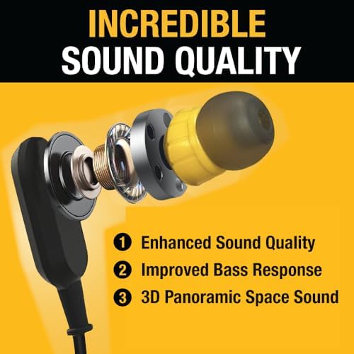 DEWALT Heavy Duty Bluetooth Neckband Earbuds for Professionals – Wireless 5.2 Headphones with IP56 Waterproof Protection, 20-Hour Playtime, Deep Bass Audio, and Built-in Microphone for Clear Calls – Ultimate Comfort and Durability for Jobsite Use