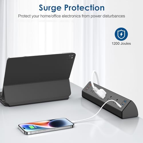 Revolutionize Your Workspace with the Desk Clamp Power Strip USB C – 75 W Total Fast Charging Hub Featuring 5 AC Outlets and 6 USB Ports, Optimized for 1.6″ Tabletop Edges – Ultimate Surge Protection for Laptops, Smartphones, and More